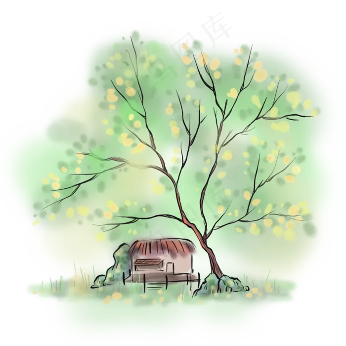 中国风水墨春天树下的房子,免抠元素(2000X2000(DPI:300))psd模版下载