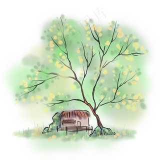 中国风水墨春天树下的房子,免抠元素