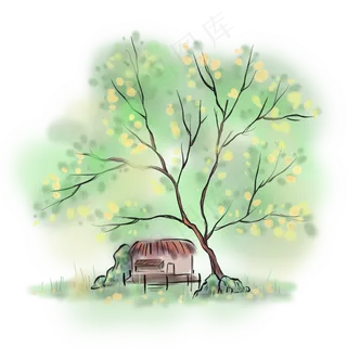 中国风水墨春天树下的房子,免抠元素