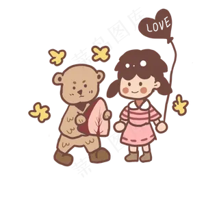 六一儿童节女孩和小熊玩耍