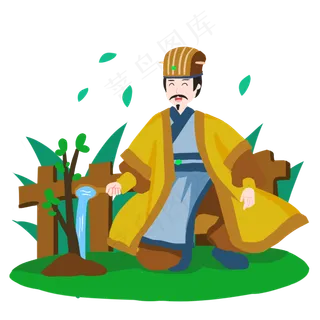 植树节古装男子愉悦完成种树手绘