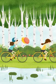 春天卡通小清新骑车出游