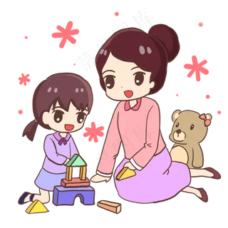慈祥妈妈和女儿搭积木