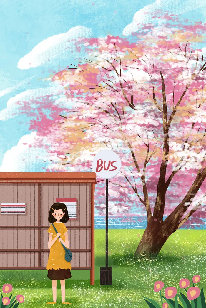 风景樱花树下等车治愈系小清新(3545X5315(DPI:300))psd模版下载