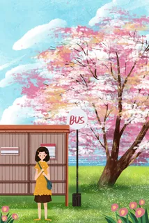 风景樱花树下等车治愈系小清新