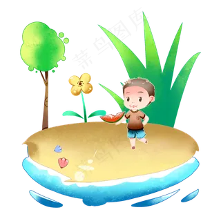小暑大暑节气绿色卡通男孩吃西瓜