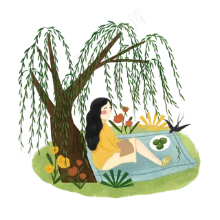 春色少女郊游野餐春天PNG农历,免抠元素