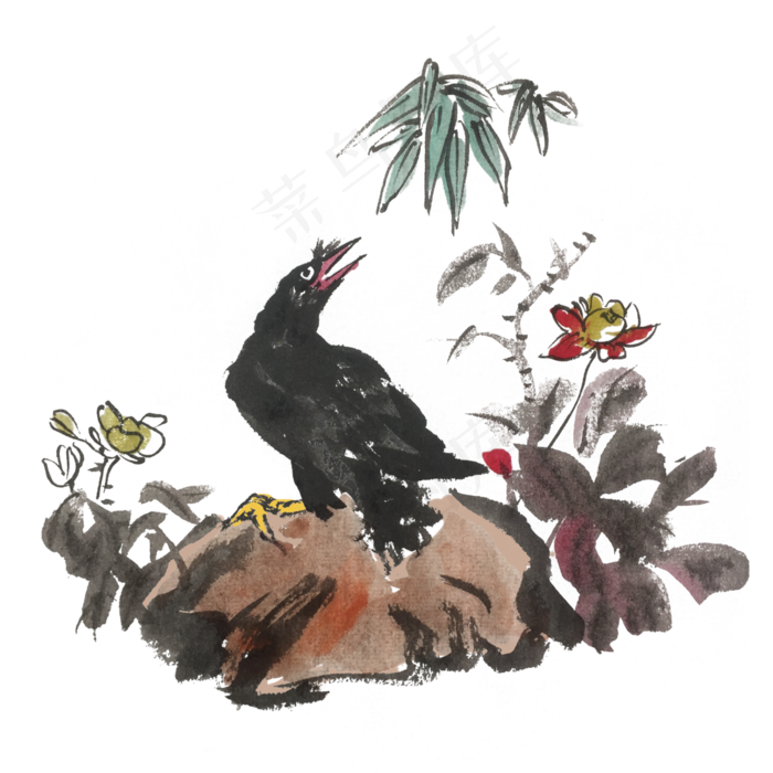 水墨风乌鸦小景手绘插画,免抠元素