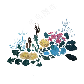 水墨野花中国蓝色蒲公英PNG写意工,免抠元素