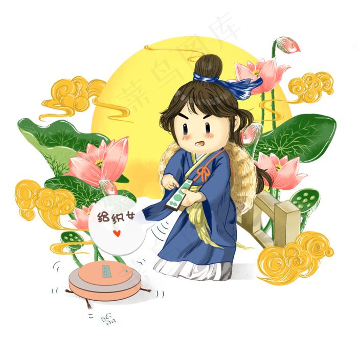 七夕情人节手绘牛郎相会鹊桥莲花