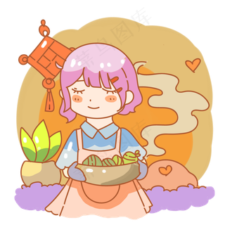 温馨端粽子的少女