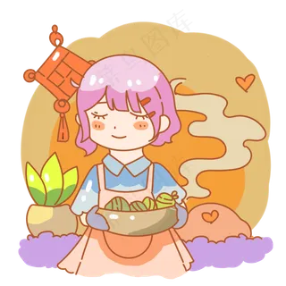 温馨端粽子的少女