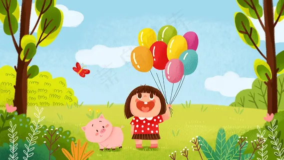 春天卡通小清新小女孩出游配图 春天卡通小清新小女孩出游配图