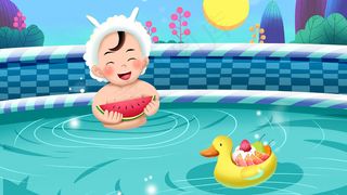 蓝色系卡通手绘风大暑夏景配图