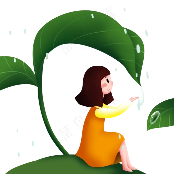 谷雨用叶子挡雨的小女孩(2000X2000(DPI:299))psd模版下载