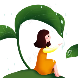 谷雨用叶子挡雨的小女孩