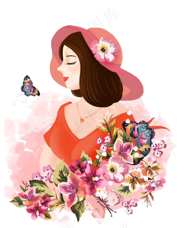 38女神节粉色暖色系手绘女神节快,免抠元素