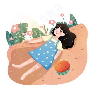 夏至阳光女孩躺草地