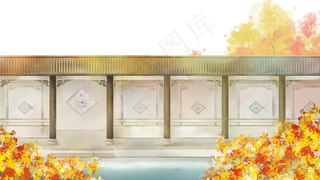 中国风国画山庄秋韵宫苑回廊秋天,免抠元素