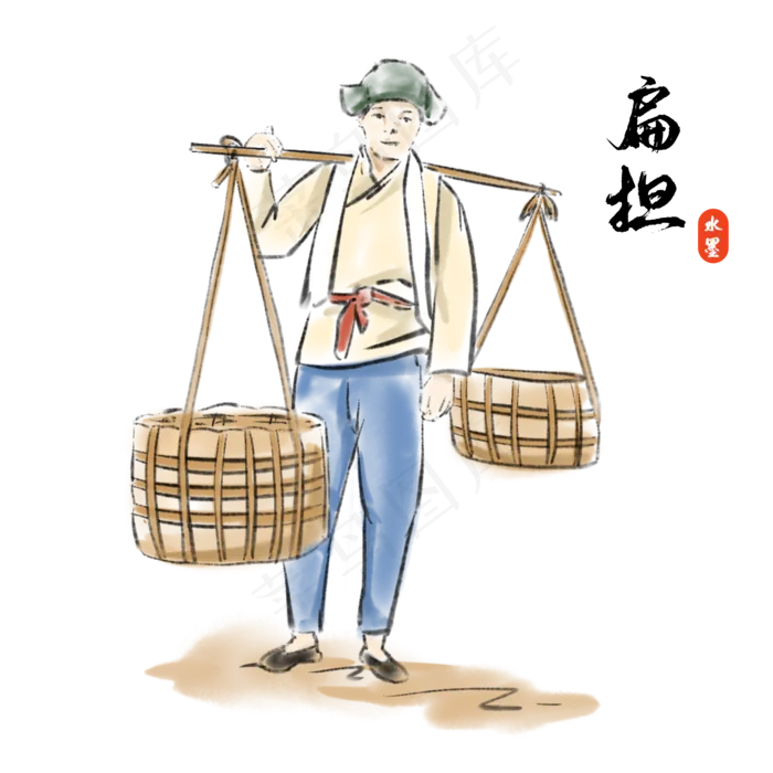 中国风水墨画挑扁担的人(2000X2000(DPI:300))psd模版下载