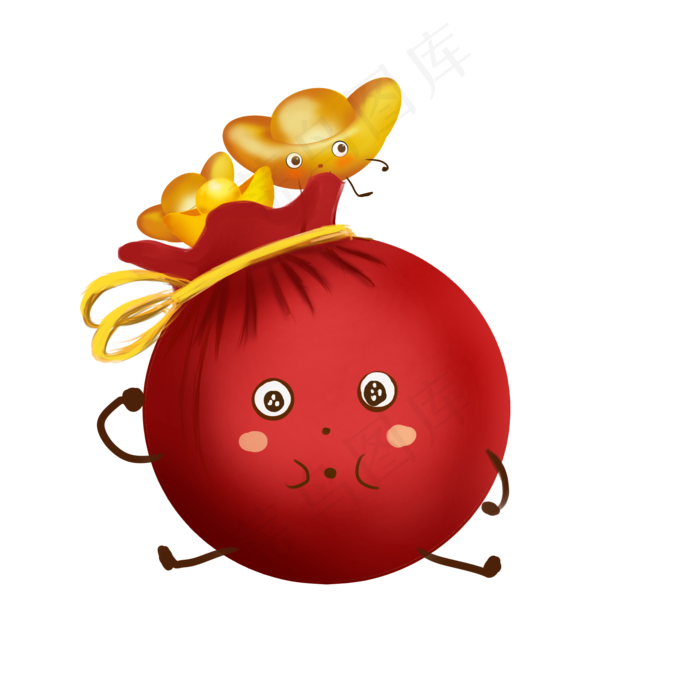 金色的元宝和福袋插画,免抠元素