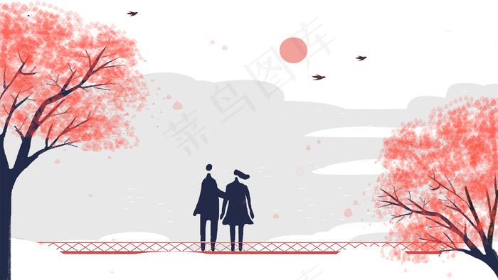 夏季暖阳情侣桥头散步商用图