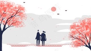 夏季暖阳情侣桥头散步商用图