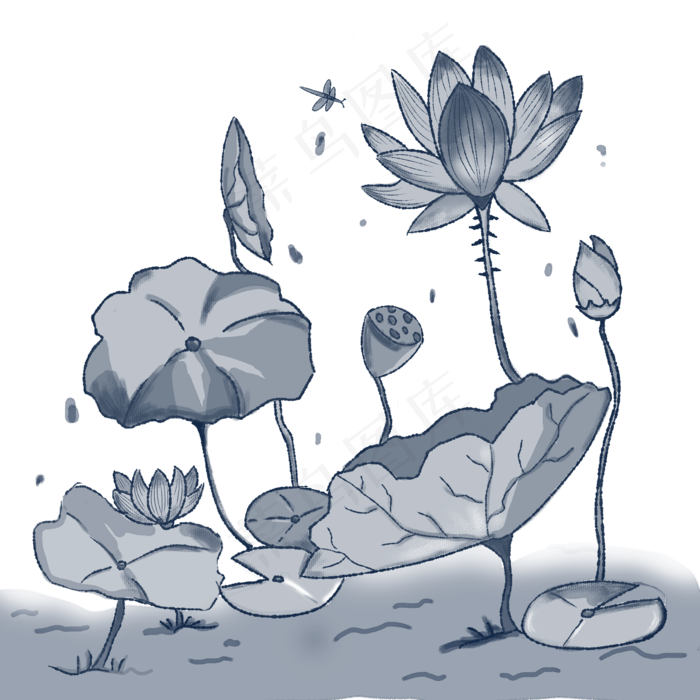 水墨手绘荷花荷叶免抠PNG元素