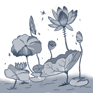 水墨手绘荷花荷叶免抠PNG元素