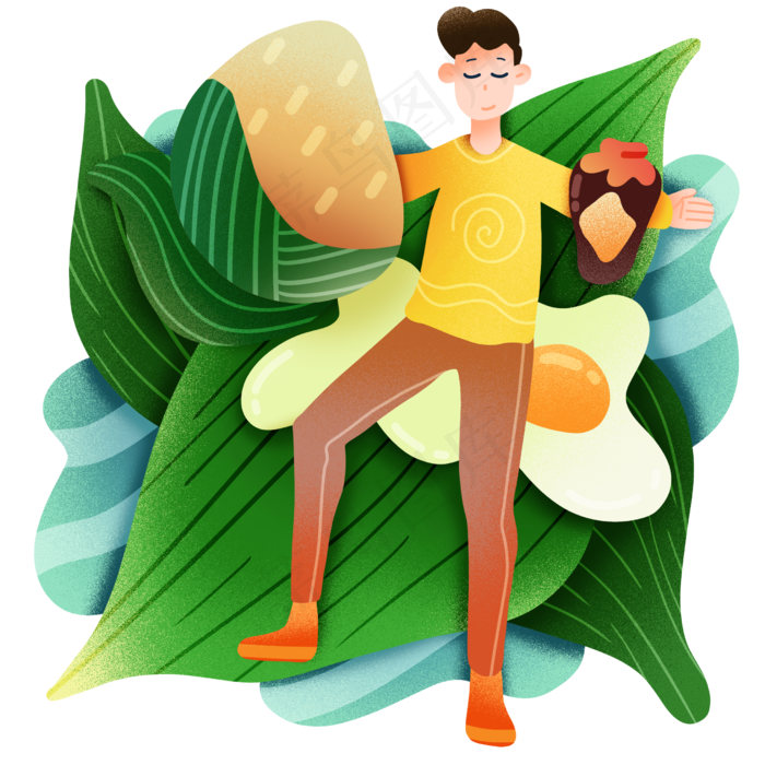 喝酒吃粽子男孩插画