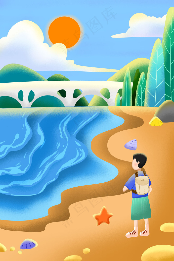 蓝色系卡通手绘风夏景河滩配图