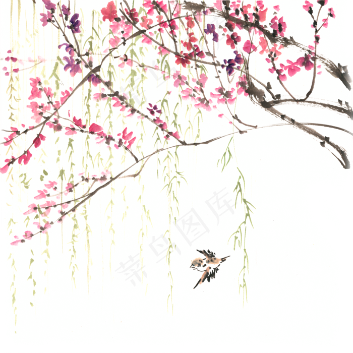 春天的花与小鸟水墨画PNG免抠