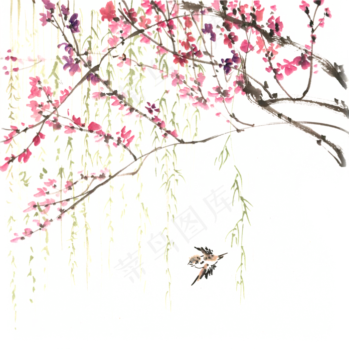 春天的花与小鸟水墨画PNG免抠(4724X4724(DPI:300))psd模版下载