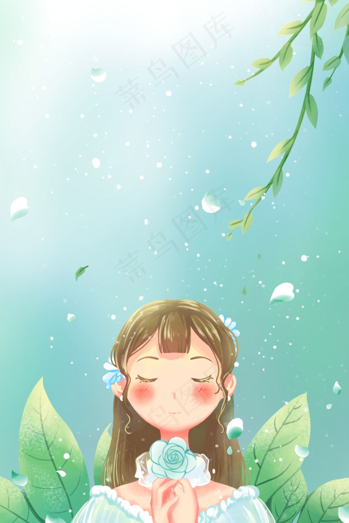 绿色唯美卡通小清新治愈美丽少女祈祷配图