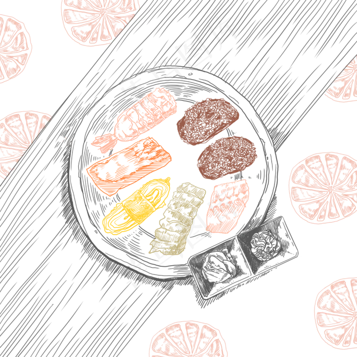 下午茶餐桌装饰寿司日餐食物,免抠元素(2500X2500(DPI:300))psd模版下载