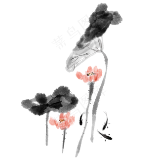 水墨中国风荷花游鱼元素