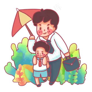 在雨中奔跑给儿子撑伞的父亲