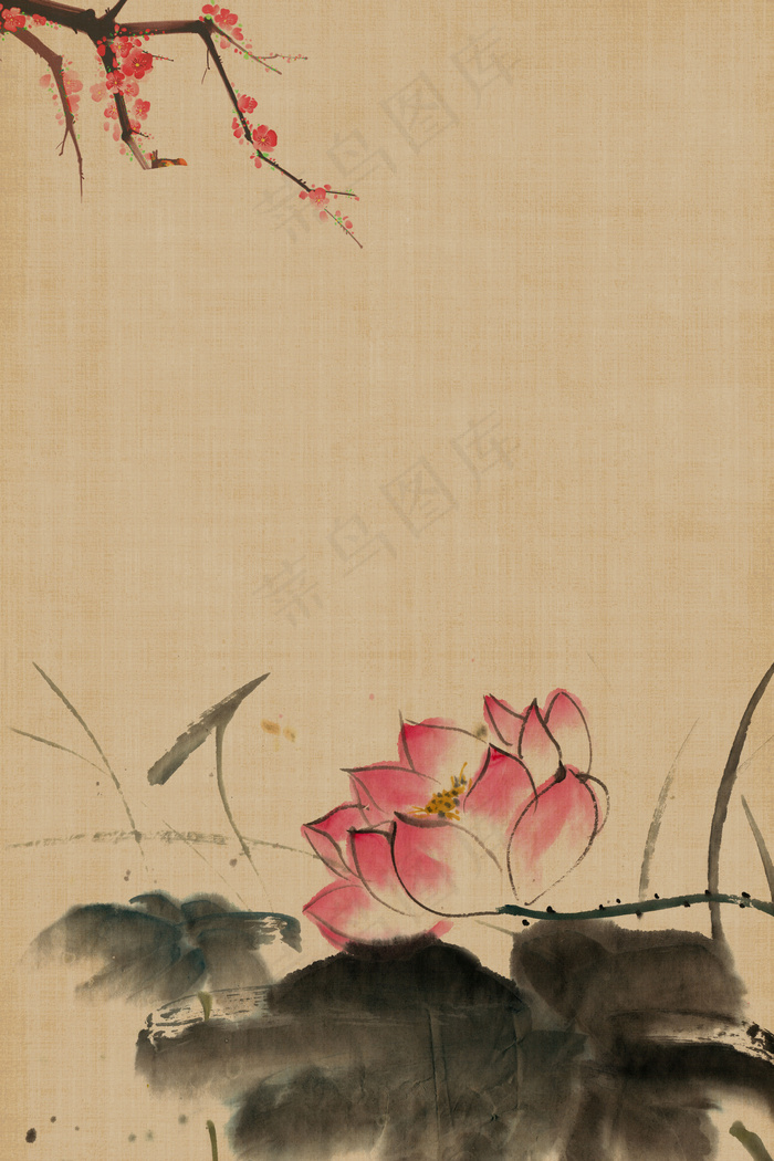 复古水墨荷花工笔画平面素材