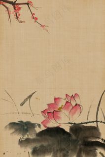 复古水墨荷花工笔画平面素材