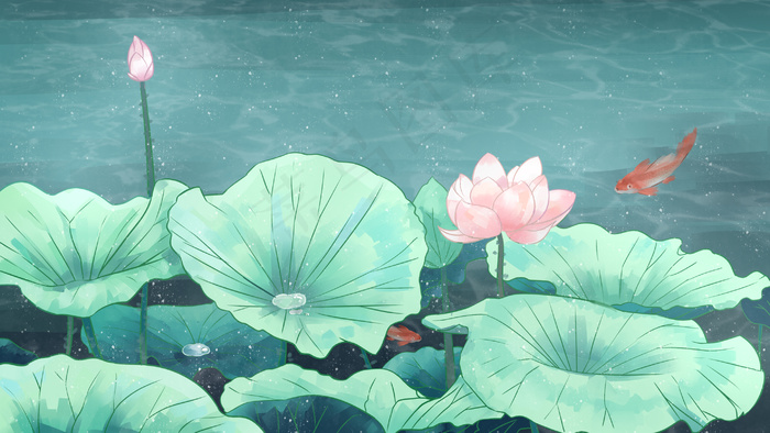 冷色系荷花塘水彩风治愈通用场景(2880*1620px 300 dpi )psd模版下载