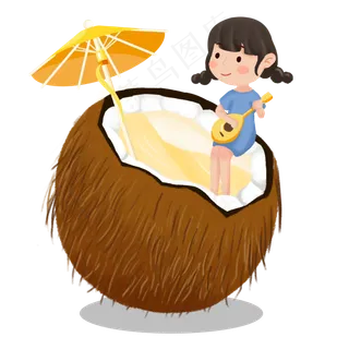 大暑坐在椰子上弹琴女孩素材