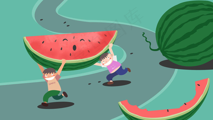 两个奔跑着搬西瓜的小男孩(6308X3549(DPI:300))psd模版下载