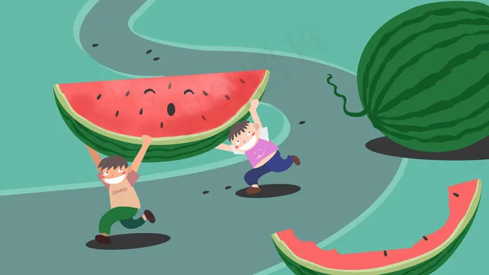 两个奔跑着搬西瓜的小男孩(6308X3549(DPI:300))psd模版下载