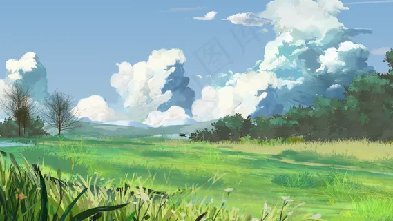 治愈唯美春天夏景处暑天空云朵阳光倒影草坪