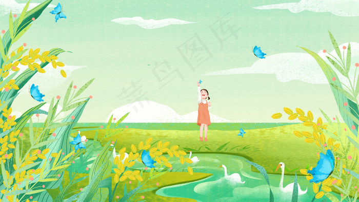 小满芒种六月你好绿色肌理女孩水稻