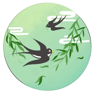 春分绿色可爱柳树燕子免抠元素