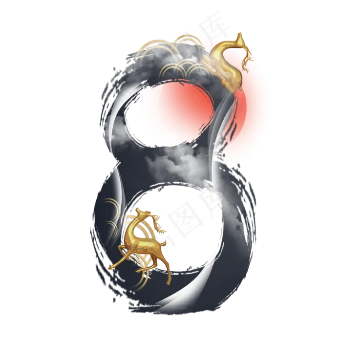 中国风水墨金鹿数字8(2000X2000(DPI:300))psd模版下载