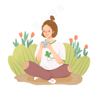 坐在地上喝茶的女生,免抠元素