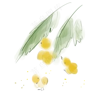 水墨叶子下的小鸡,免抠元素