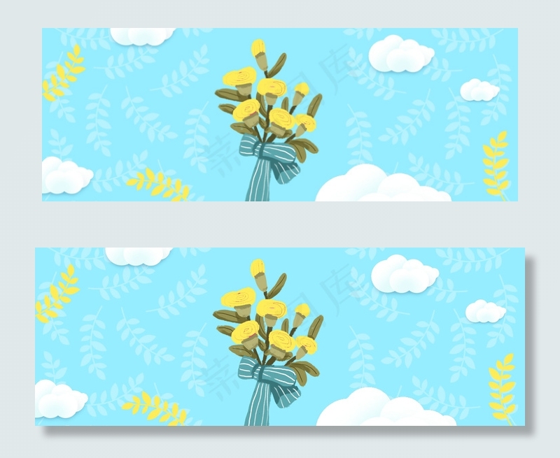 立体蓝色云朵柠檬黄花束banner(1920*700px 	       )psd模版下载
